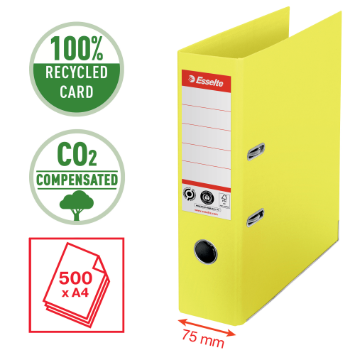 Segtuvas ESSELTE No1 CO2 Neutral, A4, kartoninis, 75 mm, geltona-Segtuvai-Dokumentų laikymo