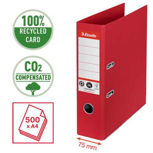 Segtuvas ESSELTE No1 CO2 Neutral, A4, kartoninis, 75 mm, raudona-Segtuvai-Dokumentų laikymo