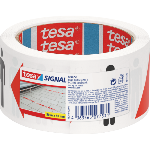 Įspėjamoji lipni juosta TESA SIGNAL Social Distancing, 50mm x 50m, balta/raudona-Pakavimo ir