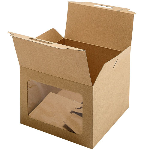 Dovanų dėžė su rankena ir langeliu, 245 x 245 x 180 mm, ruda-Dėžutės su langeliu-Dovanų dėžės