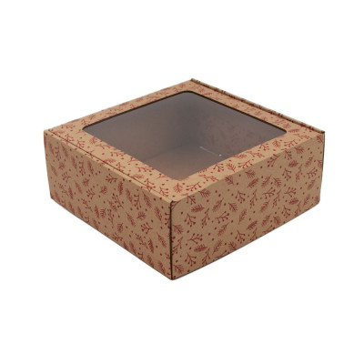 Dovanų dėžutė, ruda, kvadratinė su langeliu, Red Berries-Dėžutės su langeliu-Dovanų dėžės