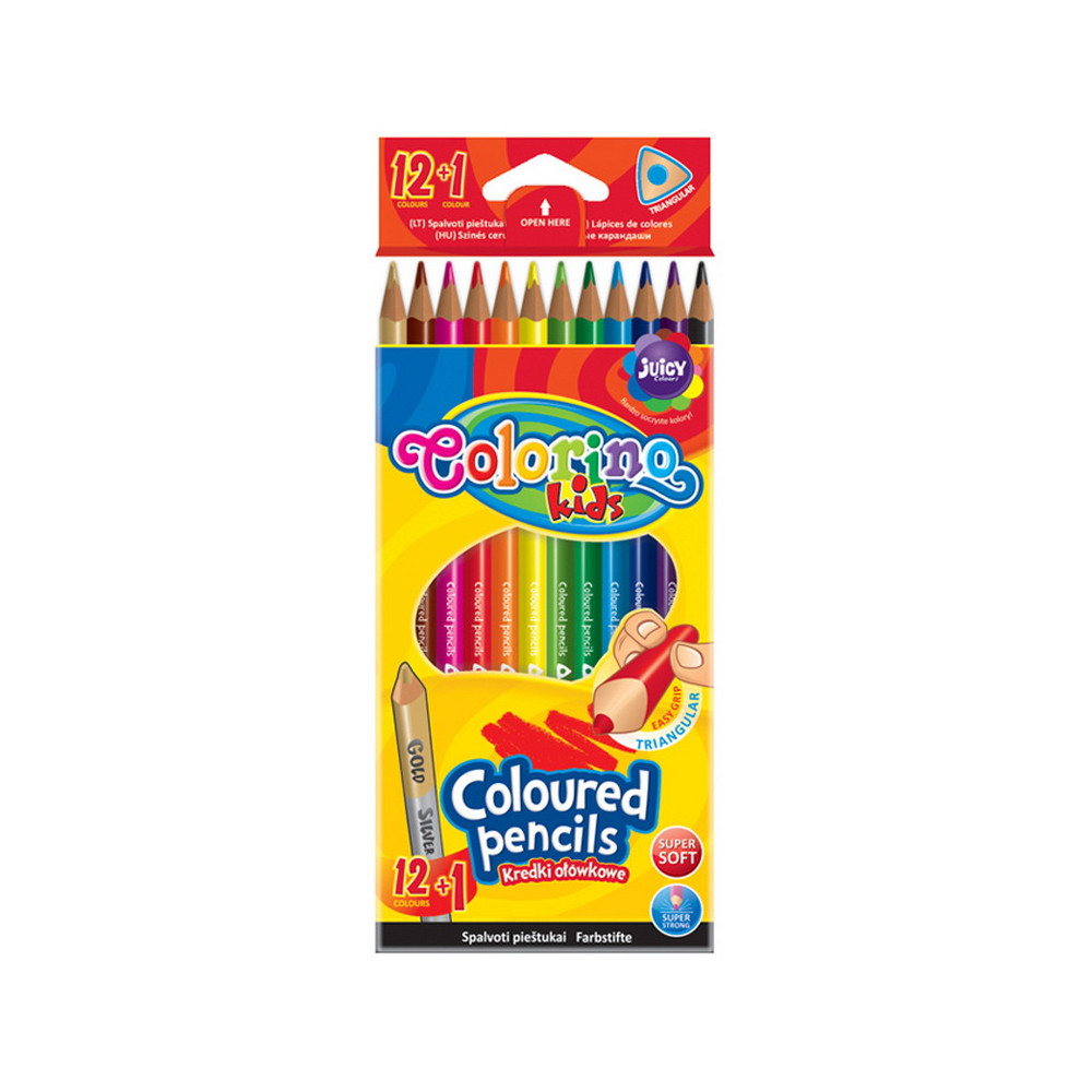 Tribriauniai spalvoti pieštukai Colorino Kids, 12 spalvų+1(aukso/sidabro sp.)-Spalvoti