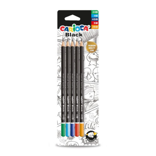 Juodo grafito pieštukai CAROCA blisteryje, 2H, H, HB, B, 2B, 5 vnt.-Pieštukai