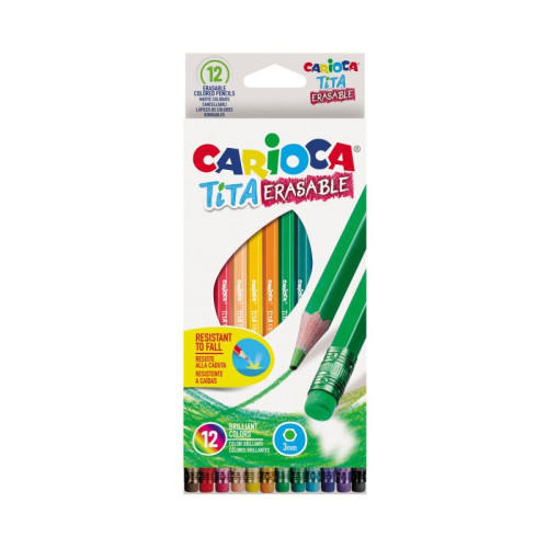 Spalvoti pieštukai CARIOCA TITA, ištrinami su trintuku, 12 spalvų-Spalvoti pieštukai-Piešimo