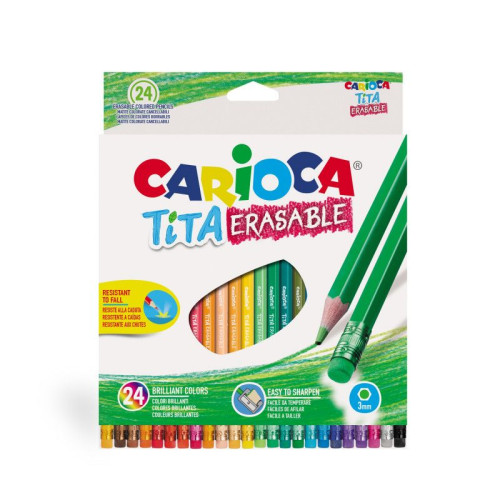 Spalvoti pieštukai CARIOCA TITA, ištrinami su trintuku, 24 spalvos-Spalvoti pieštukai-Piešimo