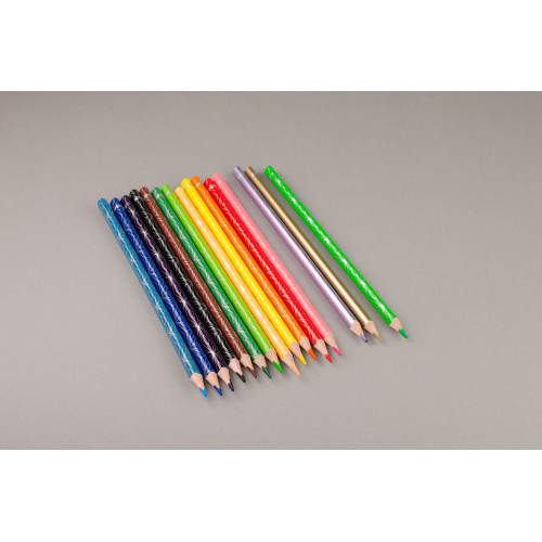 Spalvoti pieštukai KORES KOLORES STYLE, tribriauniai, 3mm, 15 spalvų (2 metalizuotos spalvos