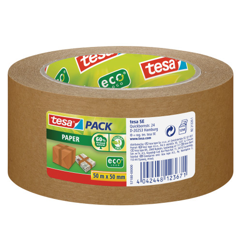 Popierinė pakavimo juosta TESA PACK Paper ECO Logo, 50mm x 50m, ruda-Lipnios