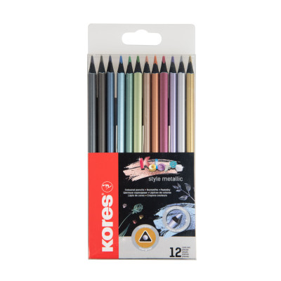 Spalvoti pieštukai KORES Kolores Style, tribriauniai, 12 metalizuotų spalvų-Spalvoti