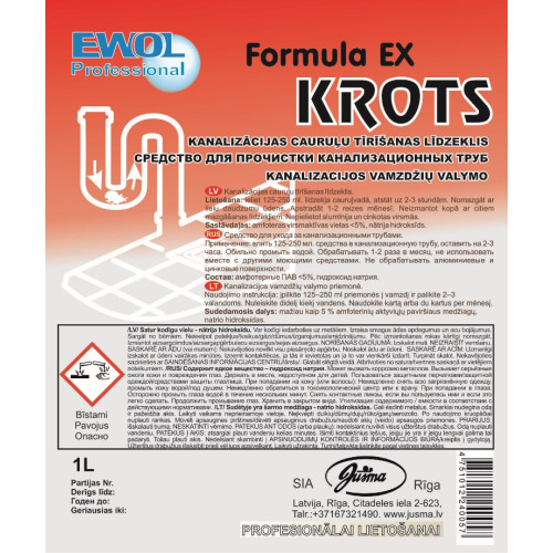 Valiklis vamzdžiams EWOL Professional Formula EX (Krot), skystas 1l-Tualetų ir kanalizacinių