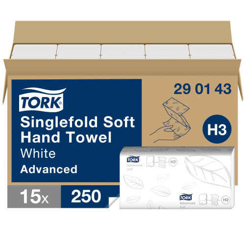 Rankų valymo servetėlės TORK Soft Singlefold H3, 290143, 2 sl., 250 serv., 23 x 22,6 cm, balta