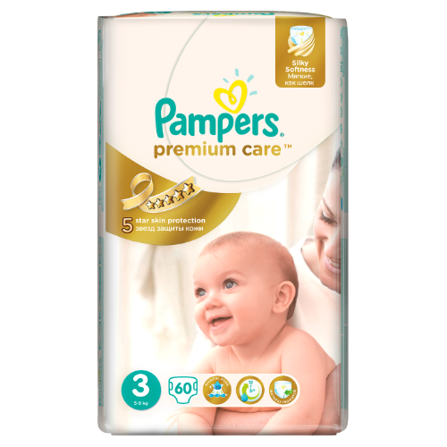 Sauskelnės PAMPERS Premium Care, Value Pack 3 dydis, 60 vnt.-Sauskelnės-Vaikų higienos prekės