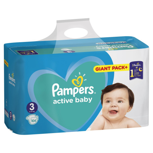Sauskelnės PAMPERS Active Baby-Dry, Giant Pack Plus, 3 dydis, 6-10kg, 104