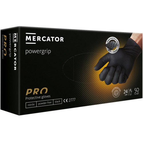 Viekartinės pirštinės MERCATOR Powergrip, nitrilinės, juodos, L dydis, 50 vnt-Apsaugos