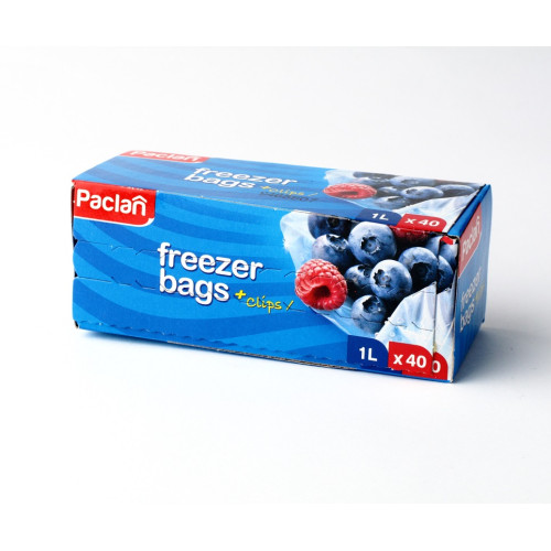 Maišeliai produktų šaldymui PACLAN, su sąvaržėlėmis 1 l, 40 vnt.-Kiti reikmenys-Indai, stalo