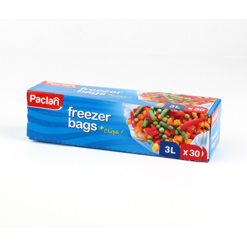 Maišeliai produktų šaldymui PACLAN, su sąvaržėlėmis, 3 l, 30 vnt.-Kiti reikmenys-Indai, stalo