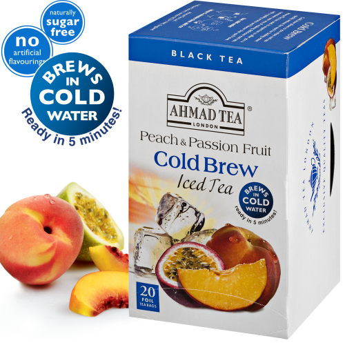 Šaltoji juodoji arbata AHMAD Peach & Passion Fruit, 20 folijos pakelių-Juodoji arbata-Arbata