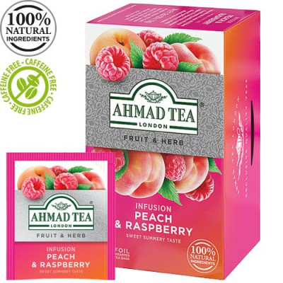 Vaisių ir žolelių arbatos mišinys AHMAD „Persikų ir aviečių“, 20 vokelių-Vaisinė arbata-Arbata