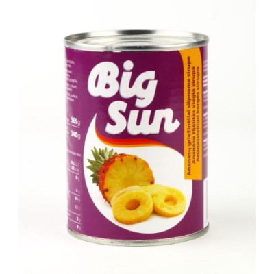 Ananasų griežinėliai BIG SUN, 565 g / 340 g-Konservuoti vaisiai ir uogos-Bakalėja