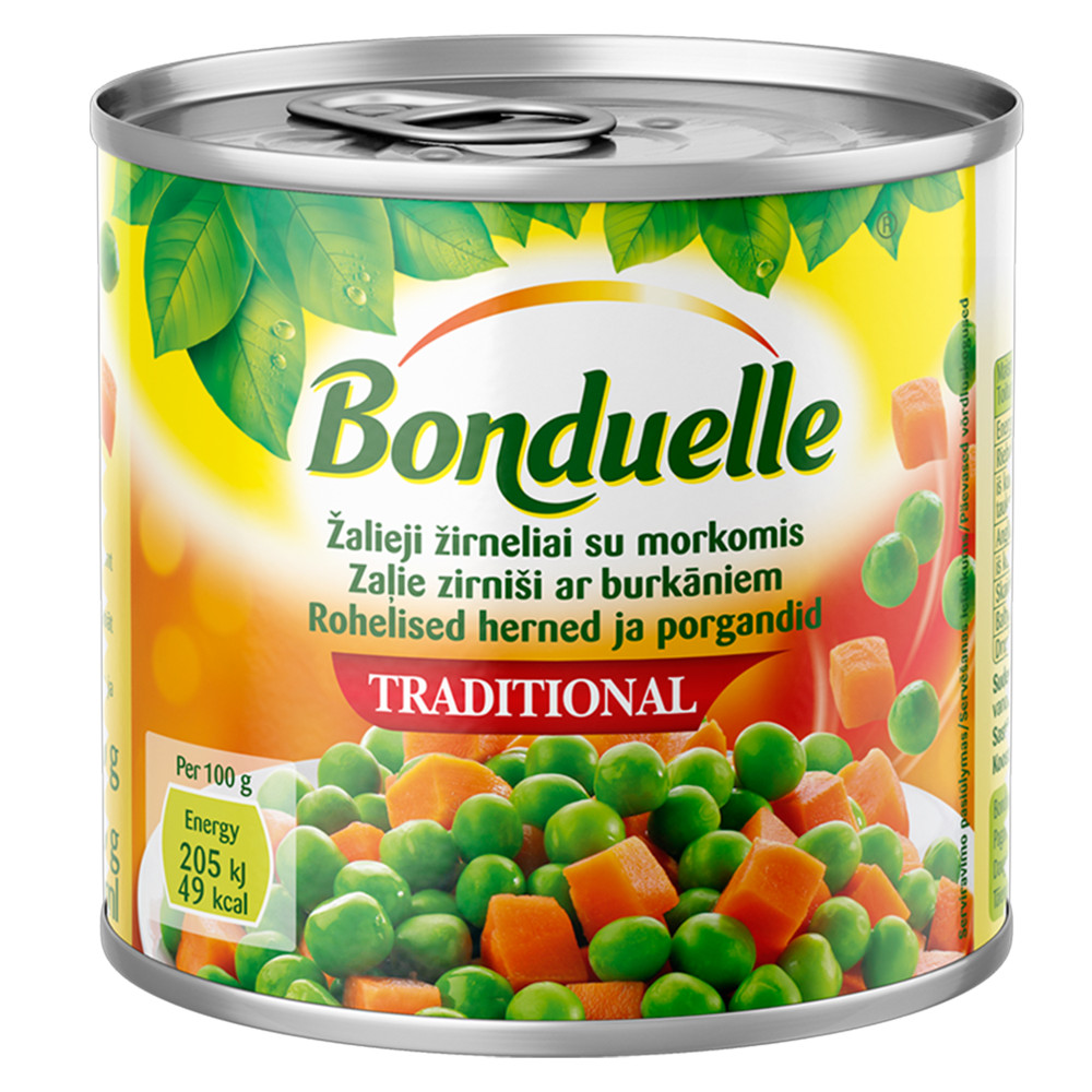 Žirneliai su morkomis kubeliais BONDUELLE, 400 g / 240 g-Konservuotos daržovės-Bakalėja