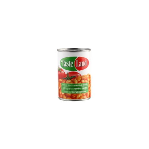 Konservuotos pupelės TASTE LAND, baltosios, pomidorų padaže, 400 g/255 g-Konservuotos