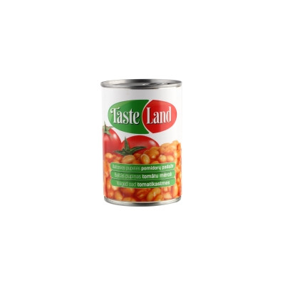 Konservuotos pupelės TASTE LAND, baltosios, pomidorų padaže, 400 g/255 g-Konservuotos