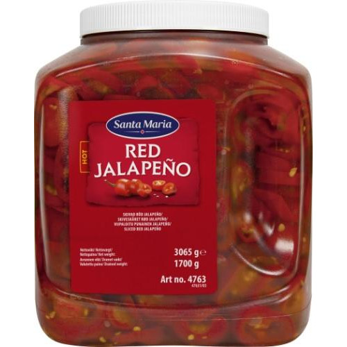 Raudonosios aitriosios paprikos-Jalapeno, griežinėliai, 3,065 / 1,700 kg-Konservuotos