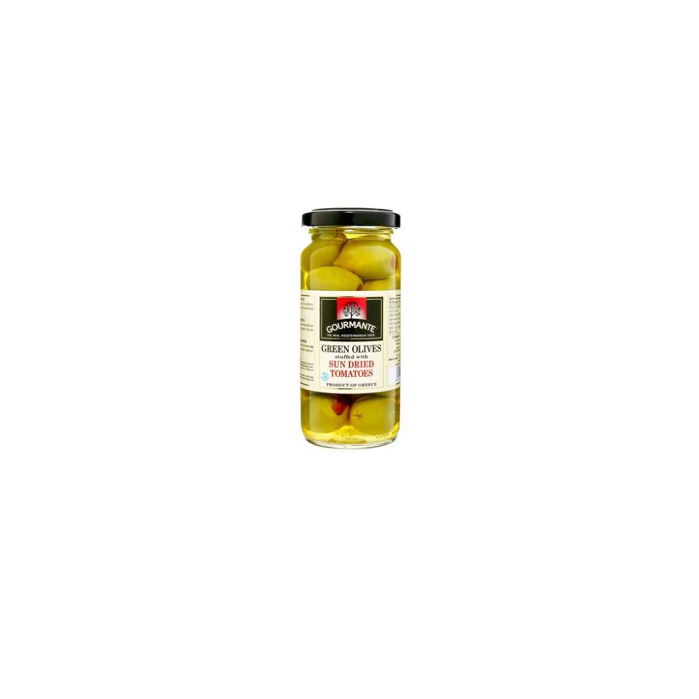 Žaliosios alyvuogės GOURMANTE, įdarytos saulėje džiovintais pomidorais, sūryme, 227 g/127