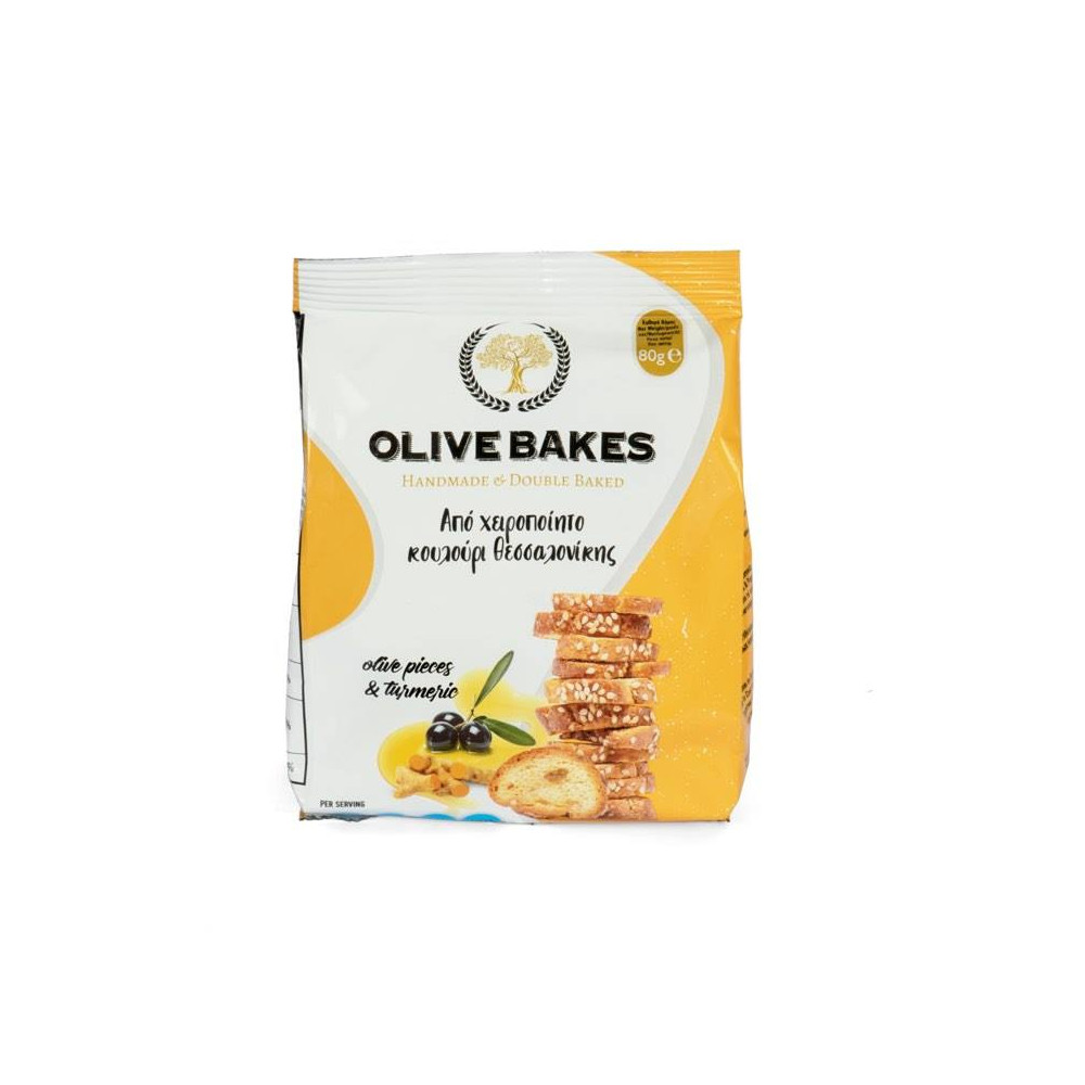 Duonos traškučiai OLIVE BAKES, su alyvuogėmis ir ciberžole, 80 g-Traškučiai