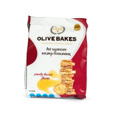 Duonos traškučiai OLIVE BAKES, rūkytos šoninės skonio, 80 g-Traškučiai, tortilijos-Užkandžiai