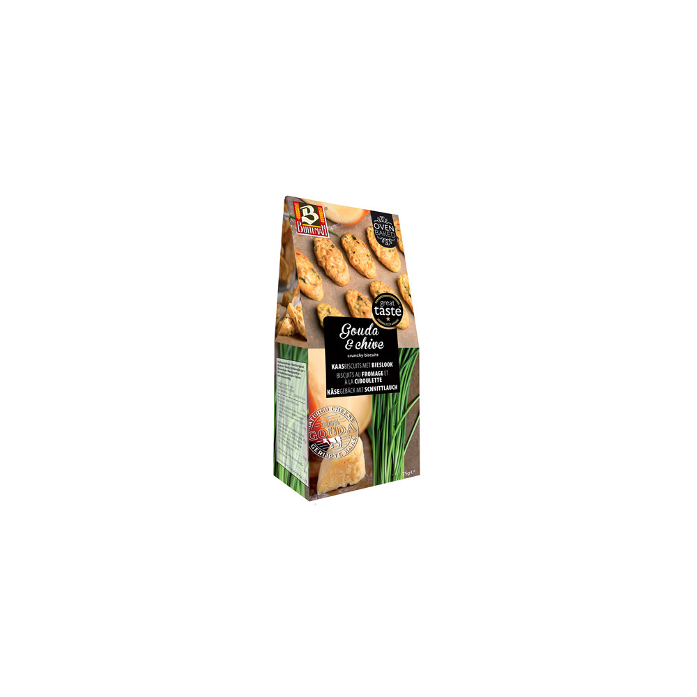 Sūrio sausainiai BUITEMAN, su brandintu Gouda sūriu ir svogūnų laiškais, 75