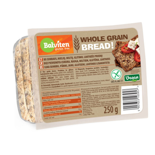 Pilno grūdo duona BALVITEN GLUTEN FREE, veganiška, 250 g-Veganiški produktai-Veganiški