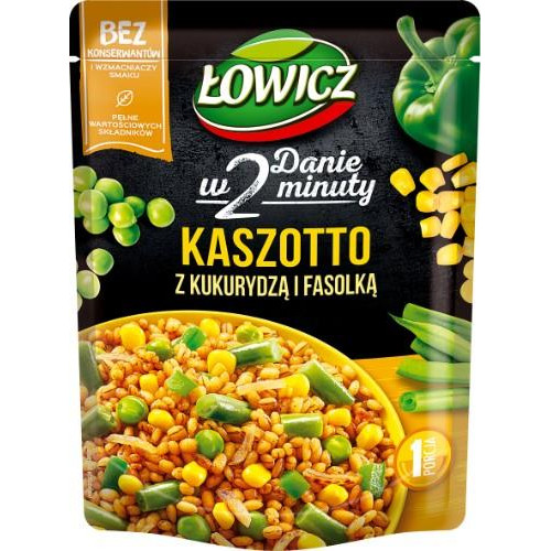Paruoštos perlinės kruopos ŁOWICZ, su kukurūzais, šparaginėmis pupelėmis ir žirneliais, 250