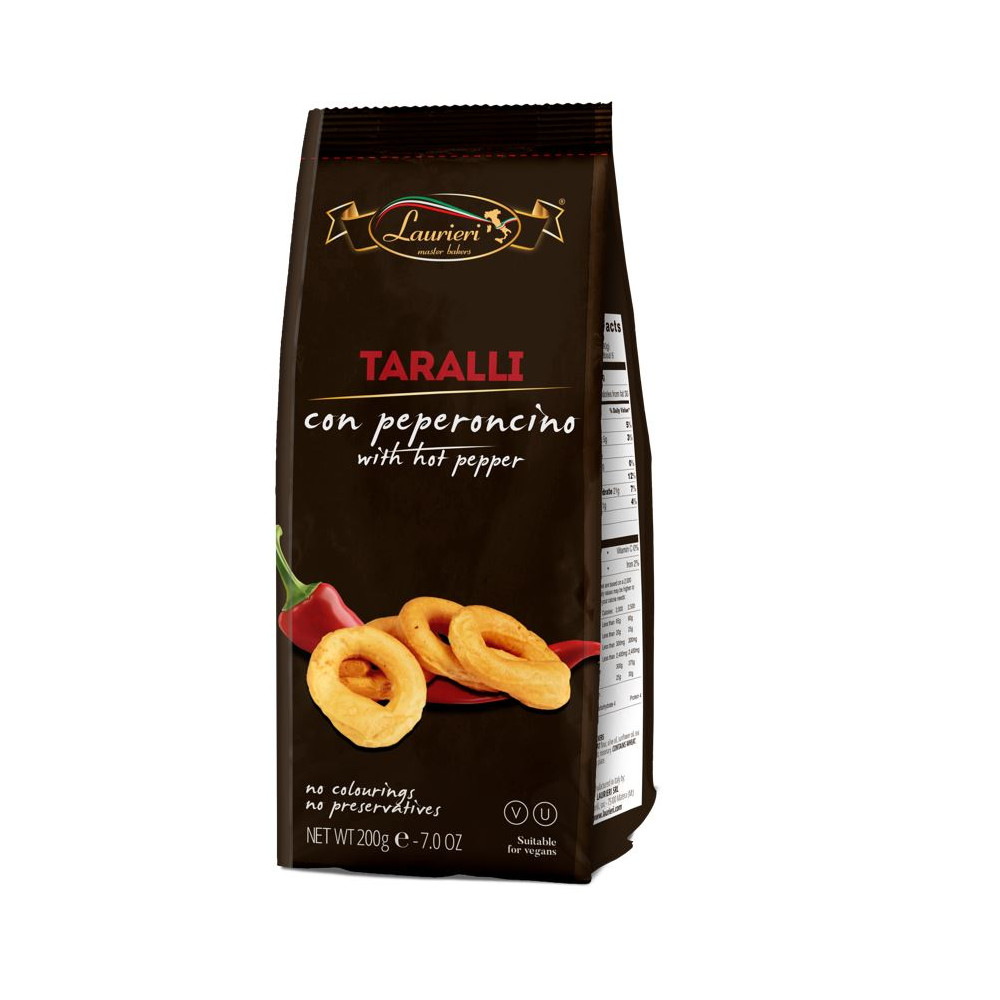 Itališkas pikantiškas užkandis LAURIERI TARALLI su aitriosiomis paprikomis, 200 g-Traškučiai