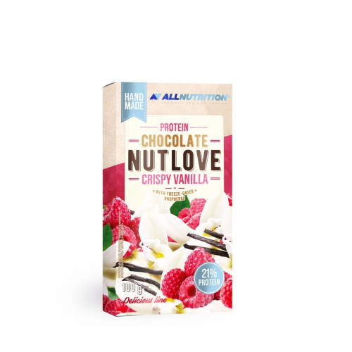 Proteininis baltasis šokoladas NUTLOVE ALLNUTRITION vanilės skonio su avietėmis