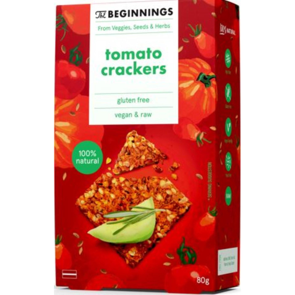 Sėklų krekeriai THE BEGINNINGS, su pomidorais, 80g-Veganiški produktai-Veganiški produktai