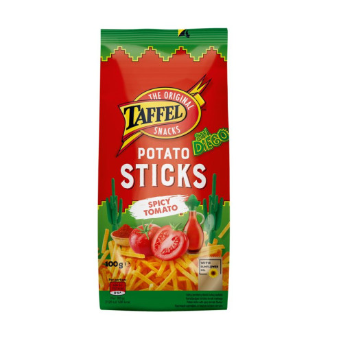 Traškučiai TAFFEL Sticks, aštrių pomidorų skonio, 100 g-Traškučiai, tortilijos-Užkandžiai