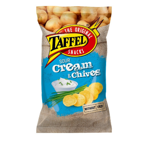 Bulvių traškučiai TAFFEL, grietinės ir laiškinių svogūnų skonio, 180g-Traškučiai