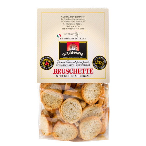 Krekeriai Bruschette GOURMANTE, su česnakais ir oreganu, 150 g-Sūrūs užkandžiai-Užkandžiai