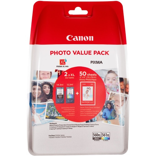 Canon (3712C004) Rašalinių kasečių rinkinys PG-560XL BK+CL-561XL CMY + Photo Paper Value Pack