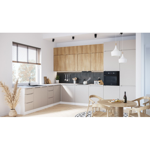 Kampinė virtuvė ZOYA 2 šviesiai pilka / natūralaus medžio-Virtuvės baldų komplektai-Virtuvės
