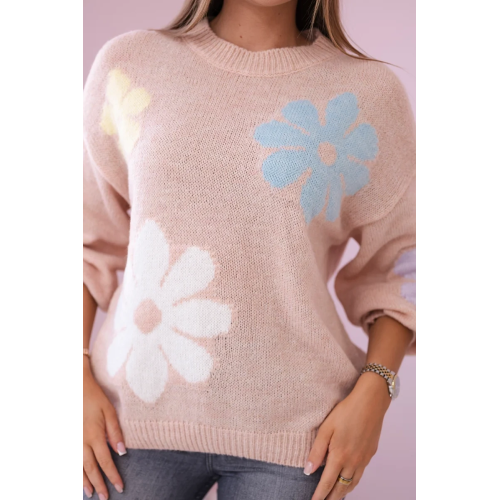 Moteriškas rausvas megztinis su gėlėmis Floren-Moteriški megztiniai-Moterims