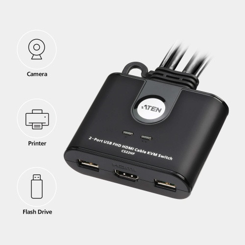 ATEN CS22HF-AT 2-Port USB FHD HDMI Kabelis KVM Switch komutatorius, Juoda-Kiti