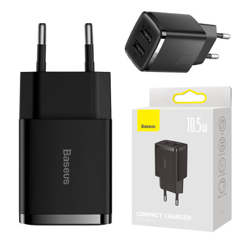 Baseus Compact Quick Charger, 2x USB, 10.5W (black)-Mobiliųjų telefonų priedai-Telefonai ir