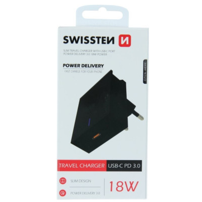Įkroviklis Swissten Premium 18WTravel Charger USB-C PD3.0: 5V / 3A / 9V / 2A, 12V /1.5A