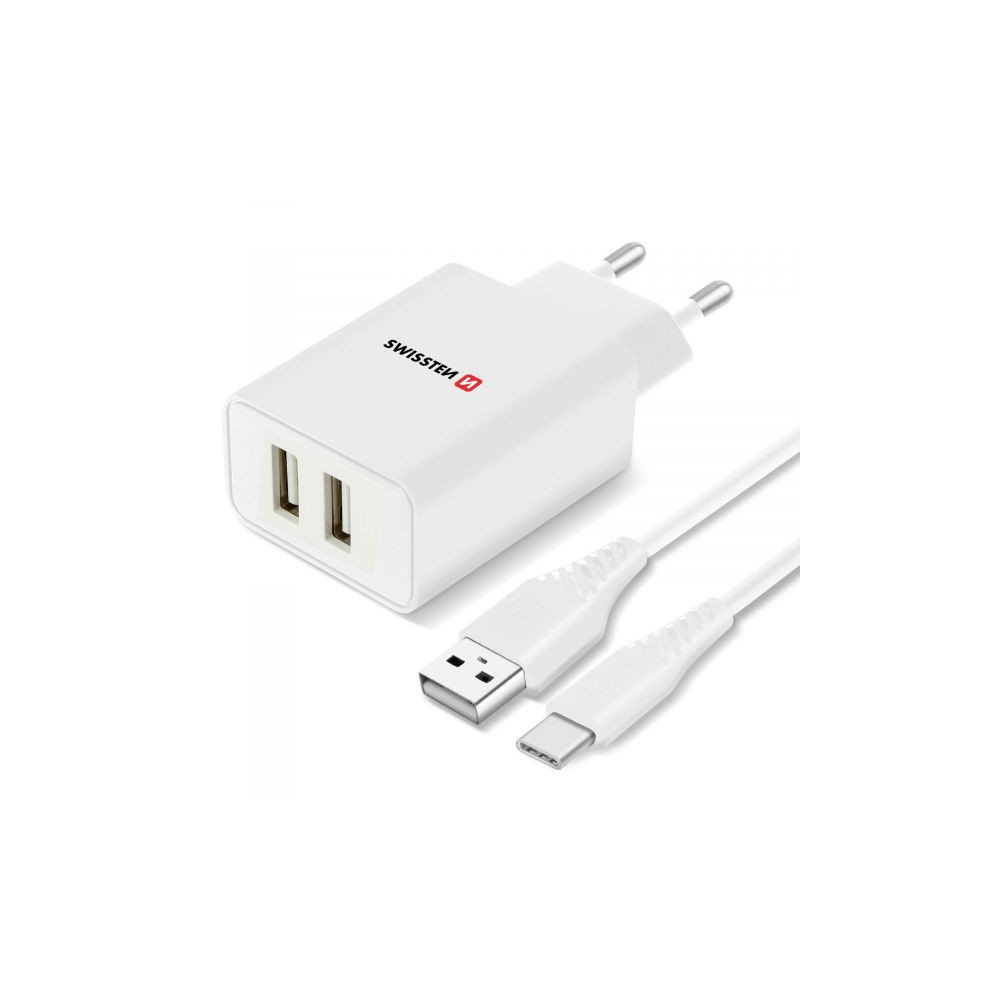Swissten Smart IC Travel Charger 2x USB 2.1A with USB-C Cable 1.2 m White-Krovikliai-Mobiliųjų