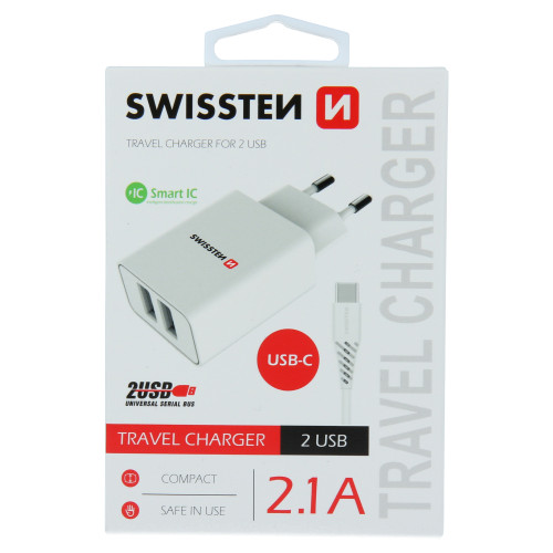 Swissten Smart IC Travel Charger 2x USB 2.1A with USB-C Cable 1.2 m White-Krovikliai-Mobiliųjų