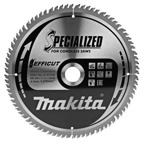 Medžio pjovimo diskas MAKITA Efficut 260x30x2,15mm 80T 10°-Medžio pjovimo diskai-Pjovimo diskai
