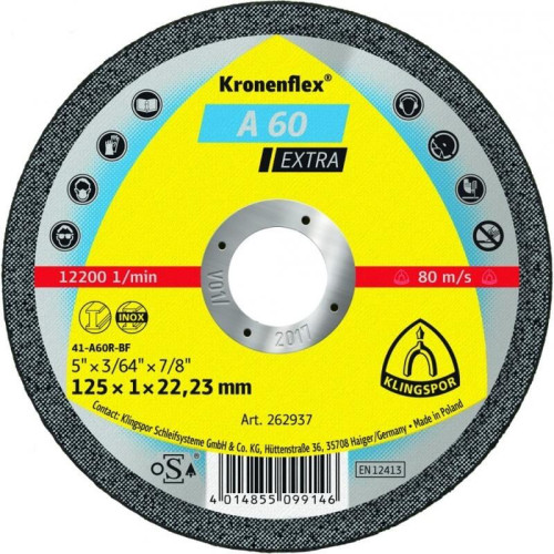 Metalo pjovimo diskas KLINGSPOR A60 Extra Ø125x1mm-Abrazyviniai metalo pjovimo diskai-Medžio