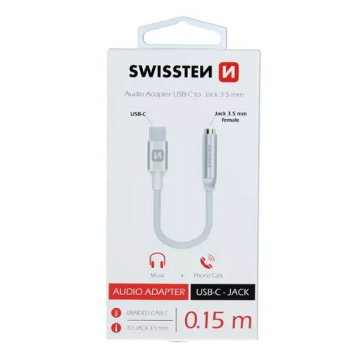 Laidas Swissten USB-C to Jack 3.5mm Audio Adapter for phones 15 cm Silver-Telefonų laidai ir