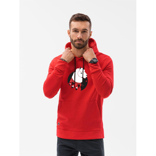 Raudonos spalvos džemperis su gobtuvu Lama-Vyriški džemperiai su spauda-Užrašai vyrams